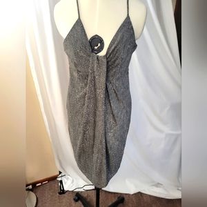LoveRiche Metallic draped mini dress silver black size L NWT